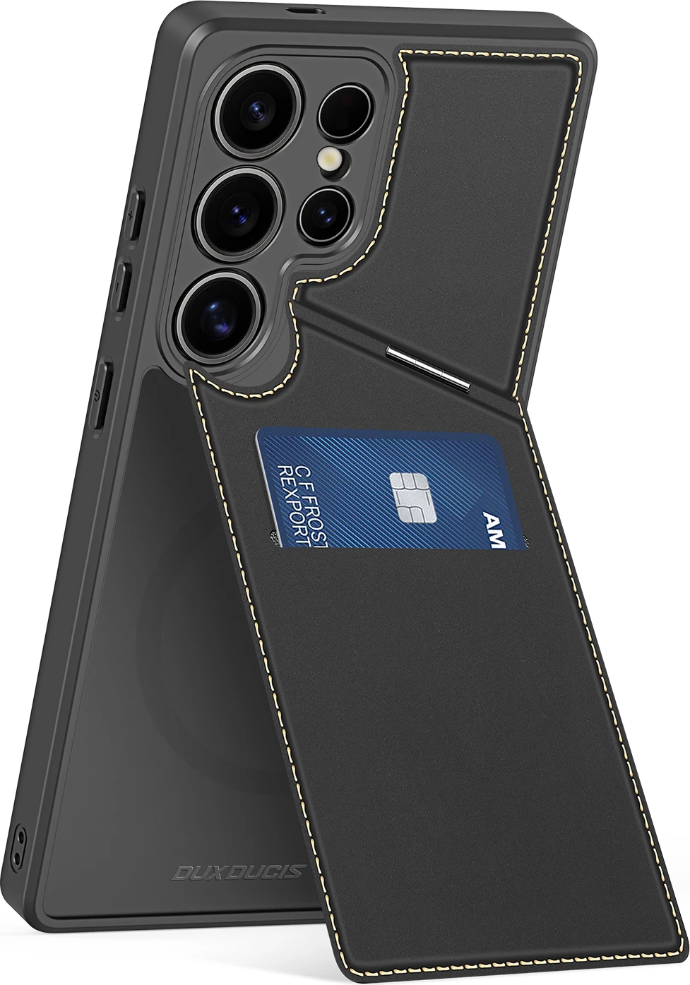 Mbështjellës Dux Ducis Rafi II për Samsung Galaxy S25 Ultra, me stand dhe xhepa për kartela, i zi