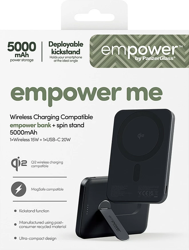 Power bank PanzerGlass empower bank 5000mAh, Qi2/MagSafe, spin stand, Space Black