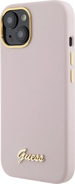 Mbështjellës Guess Silicone Script Metal Logo & Frame për iPhone 15, Rozë