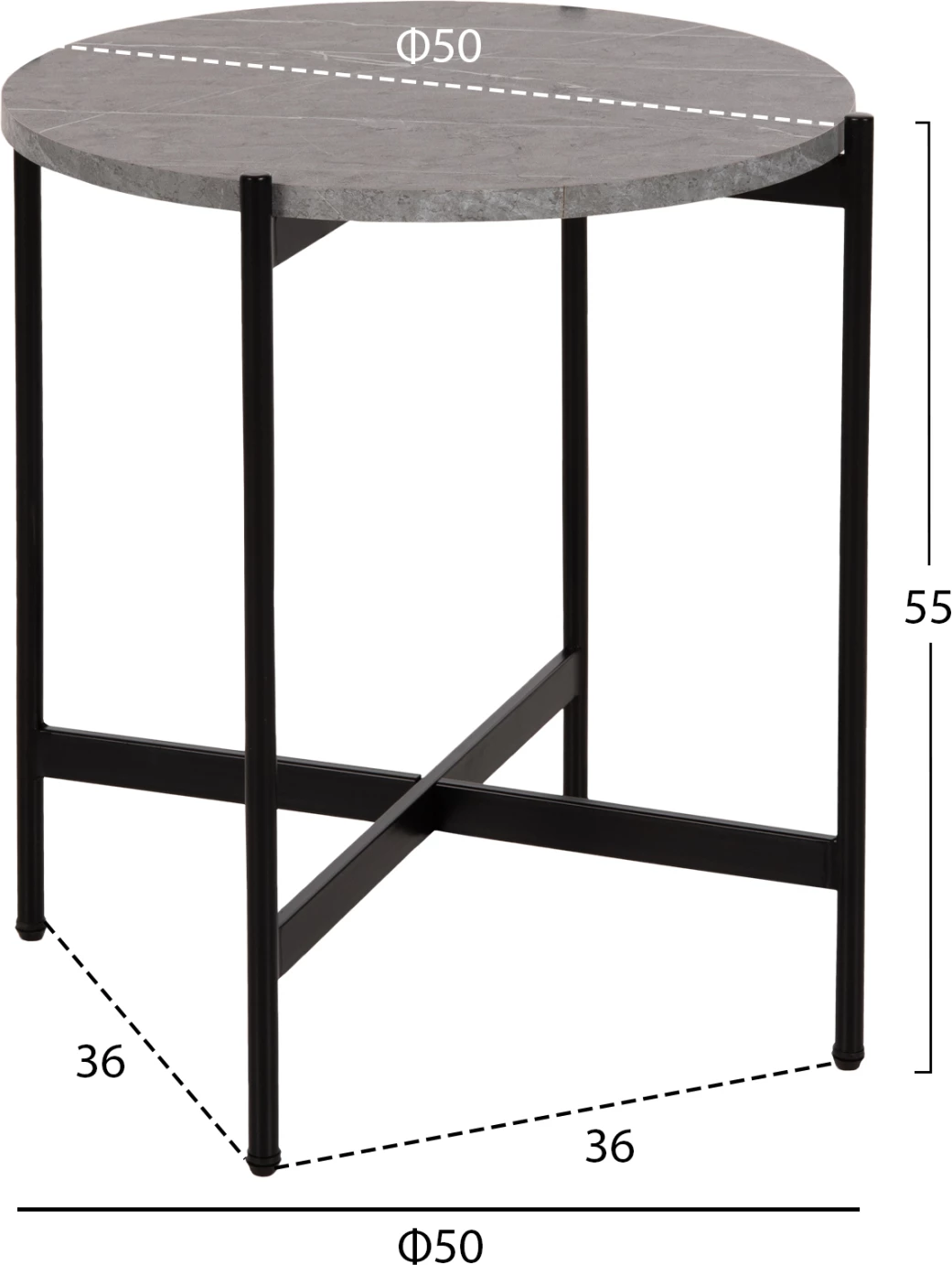 Tavolinë anësore FH9589.02 MDF mermer gri-bazë metalike e zezë Φ50x55Hcm