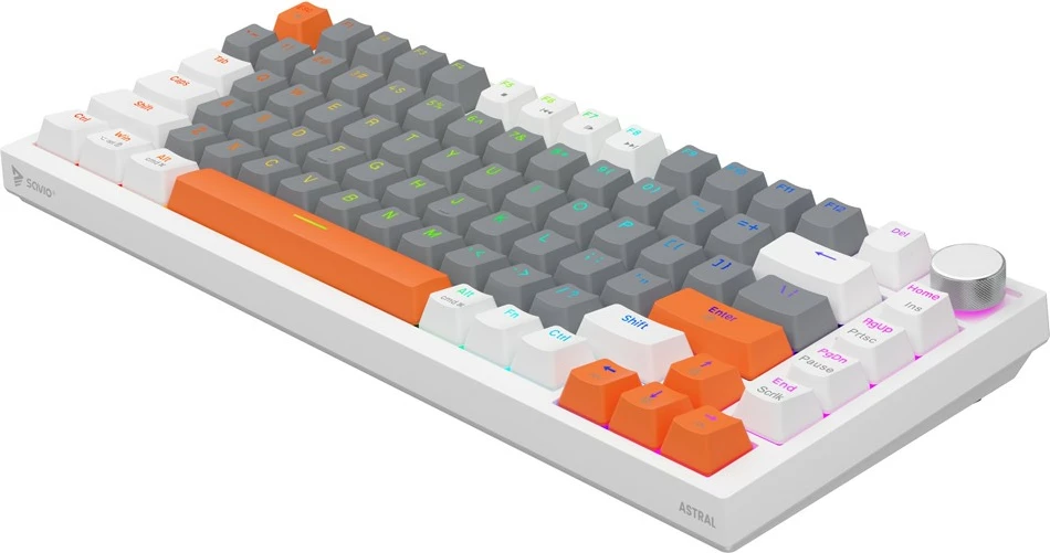Tastierë magnetike Savio ASTRAL White 82-taste US QWERTY Outemu White Jade Hall RGB USB-C knob multimedia PBT keycaps, e bardhë, set 3 ngjyra kapakësh