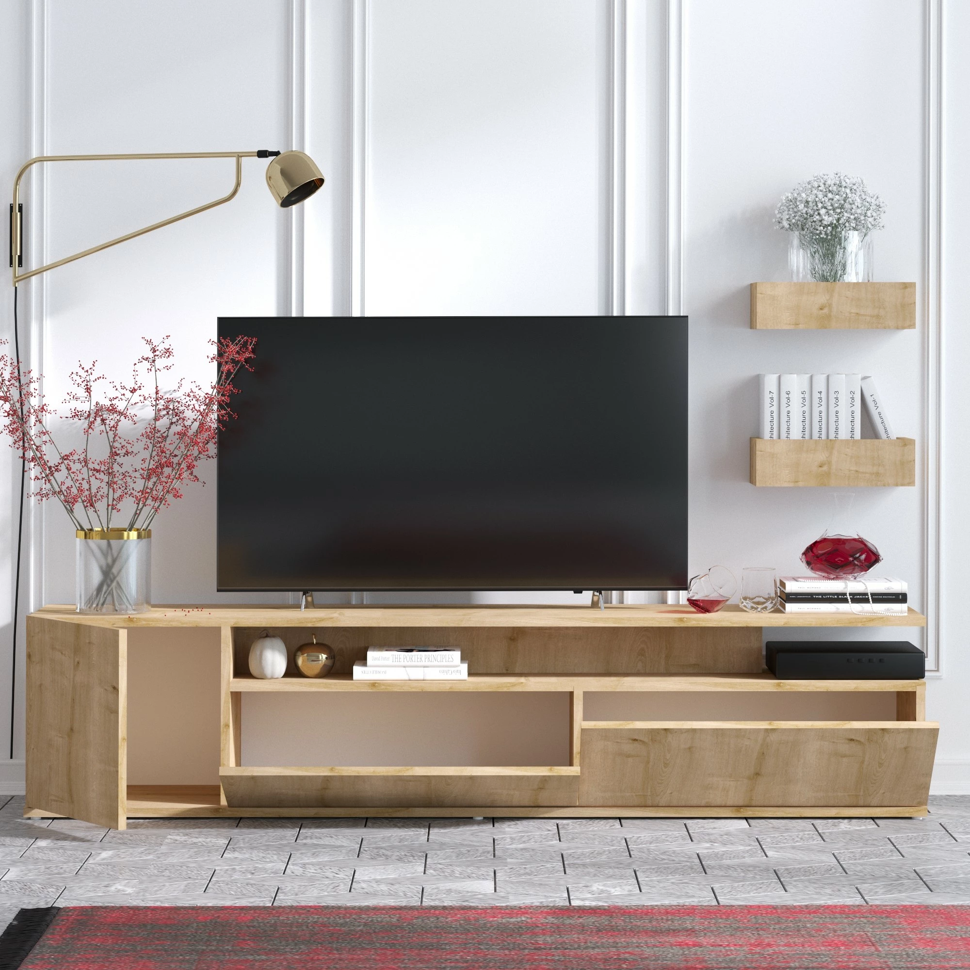 Komodë TV Hanah Home, Alika, ngjyrë lisi, me rafte muri