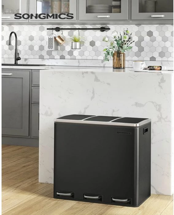 Kosh riciklimi me pedal SONGMICS LTB54BK, 3x18L, 3-kompartment, soft-close, i zi