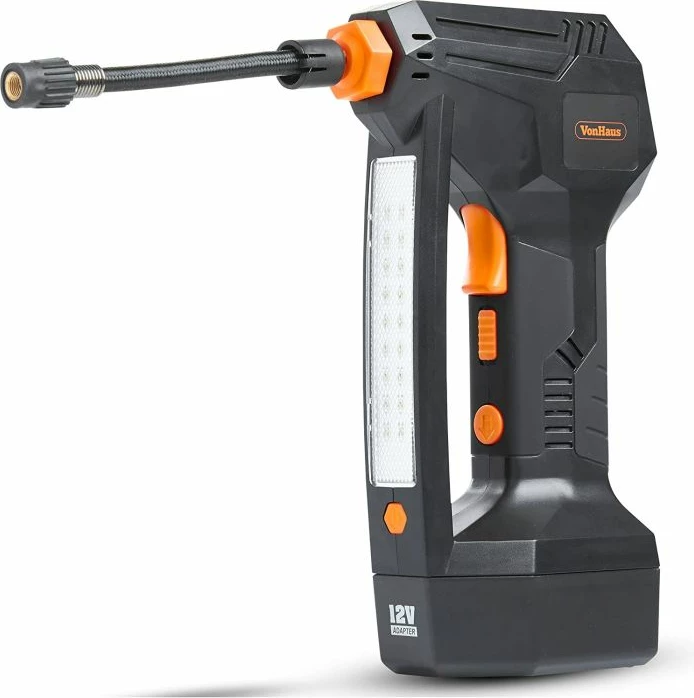 Inflator gomash VONHAUS 3500001 12V, bateri Li-ion 1500mAh, manometër digjital LCD, LED, i zi/portokalli, set me aksesorë