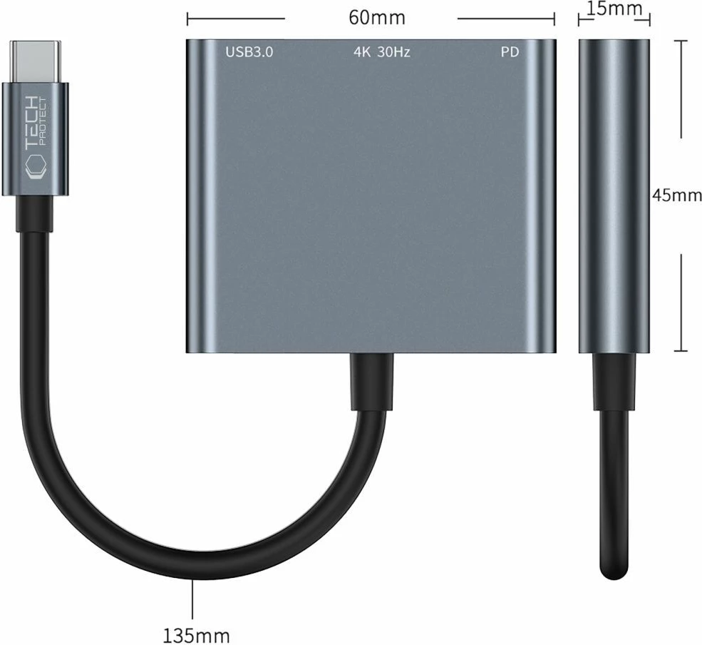 Hub USB-C 3-në-1 Tech-Protect V1 me USB-A 3.0, HDMI 4K 30Hz, PD 100W, gri