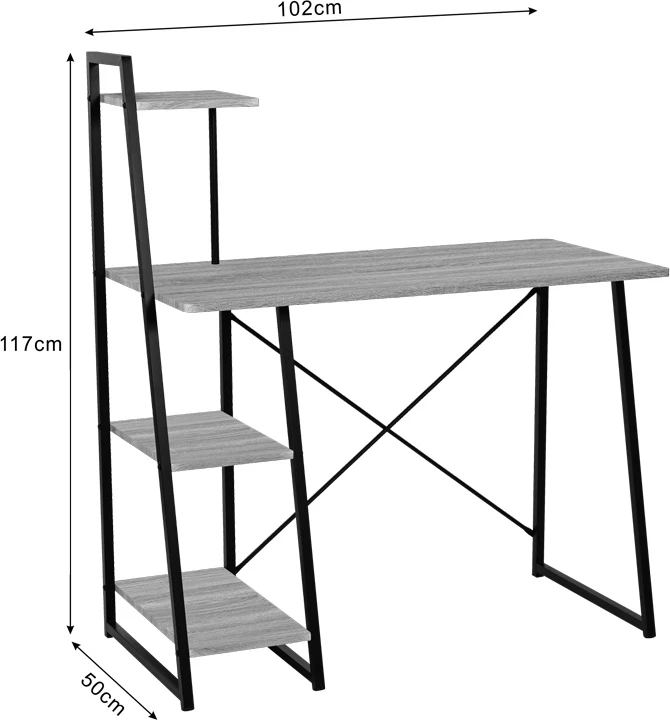 Tavolinë pune me rafte Deckstor, ngjyrë lisi-me këmbë metalike të zeza, 102x50x117cm