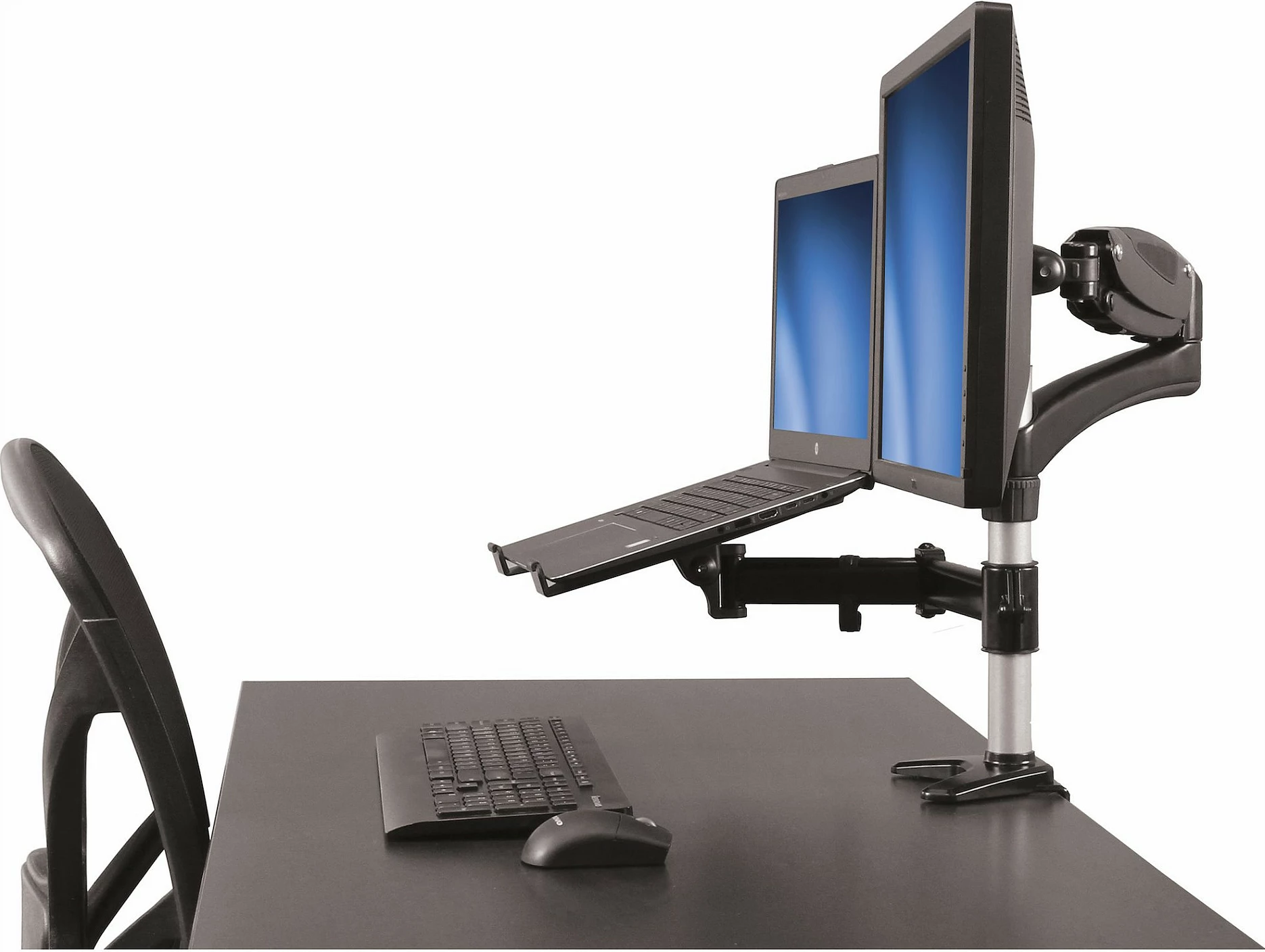 Krah monitori StarTech, clamp për tavolinë, për monitor deri 27" + mbajtës laptopi, 8 kg, alumin/zi