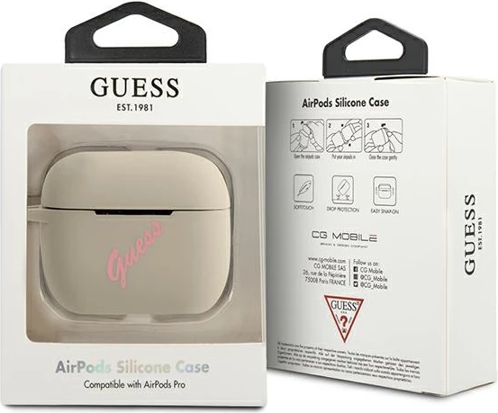 Mbështjellës Guess GUACAPLSVSGP për AirPods Pro, silikon, gri/rozë