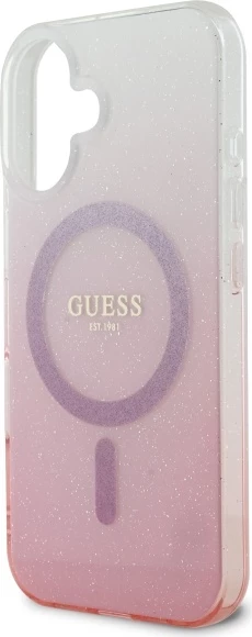 Mbështjellës Guess IML Glitter Gradient MagSafe për iPhone 16, Rozë