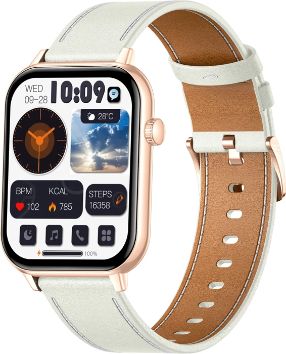 Smartwatch Colmi C28 AMOLED 1.93", Bluetooth thirrje, 230 mAh, ari me rrip lëkure të bardhë