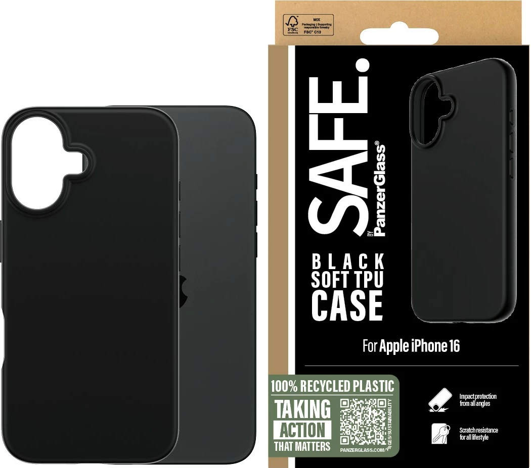 Mbështjellës PanzerGlass për iPhone 16, TPU, i zi