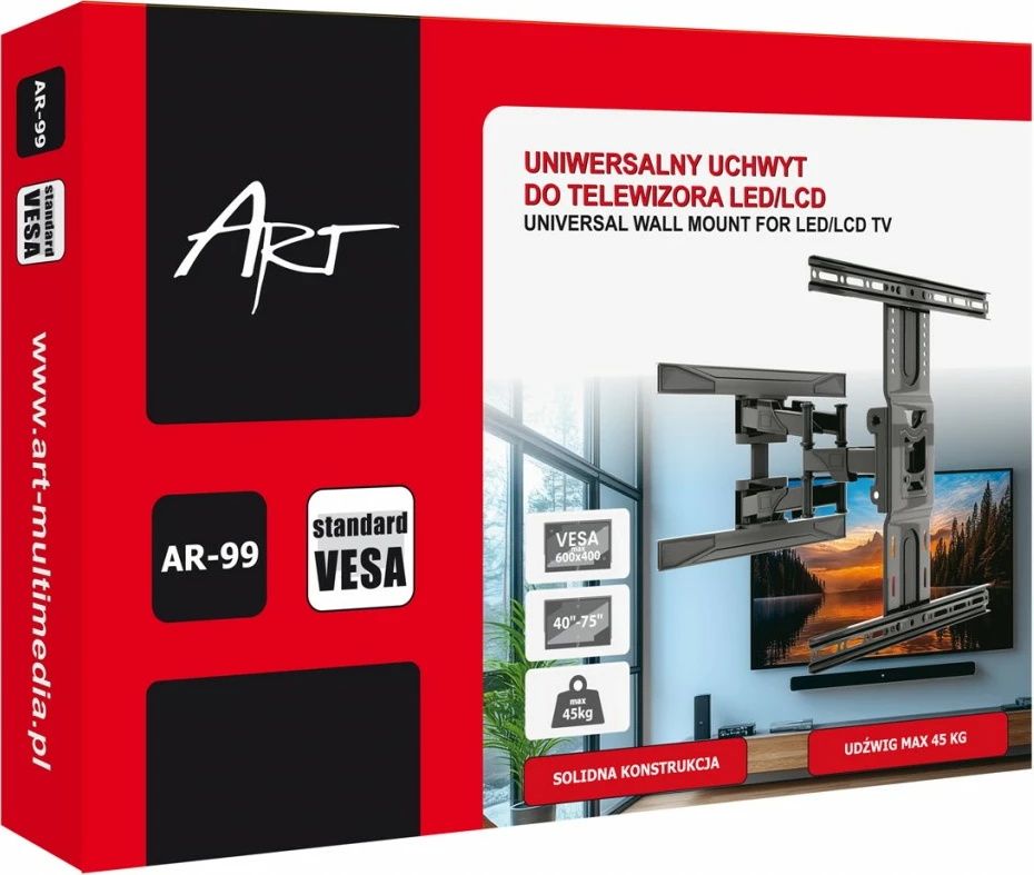 Mbajtëse muri TV, ART, AR-99, 40-75", VESA maks 600x400, rrotullim 160°, distancë 52-380 mm, 45 kg, e zezë