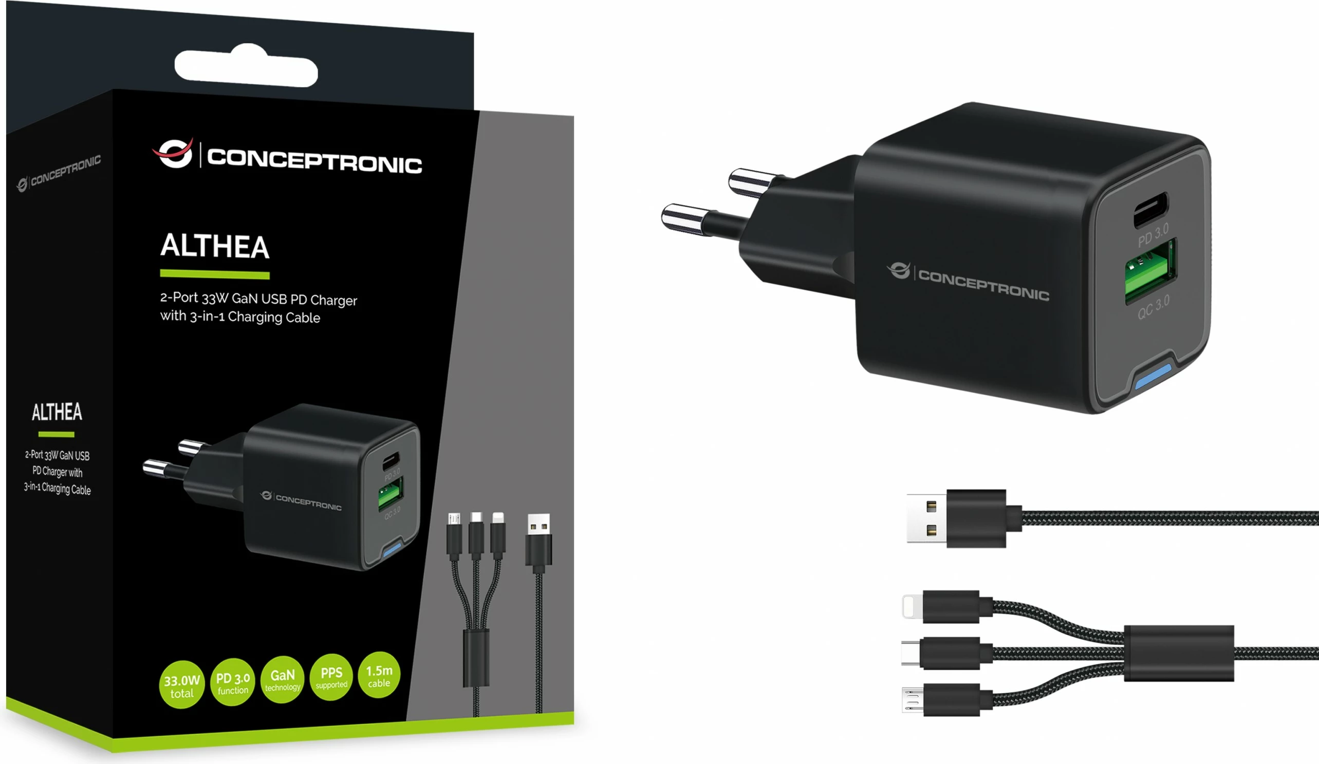 Karikues Conceptronic 2Port GaN 3-in-1 33WPD3.0/PPS, i zi