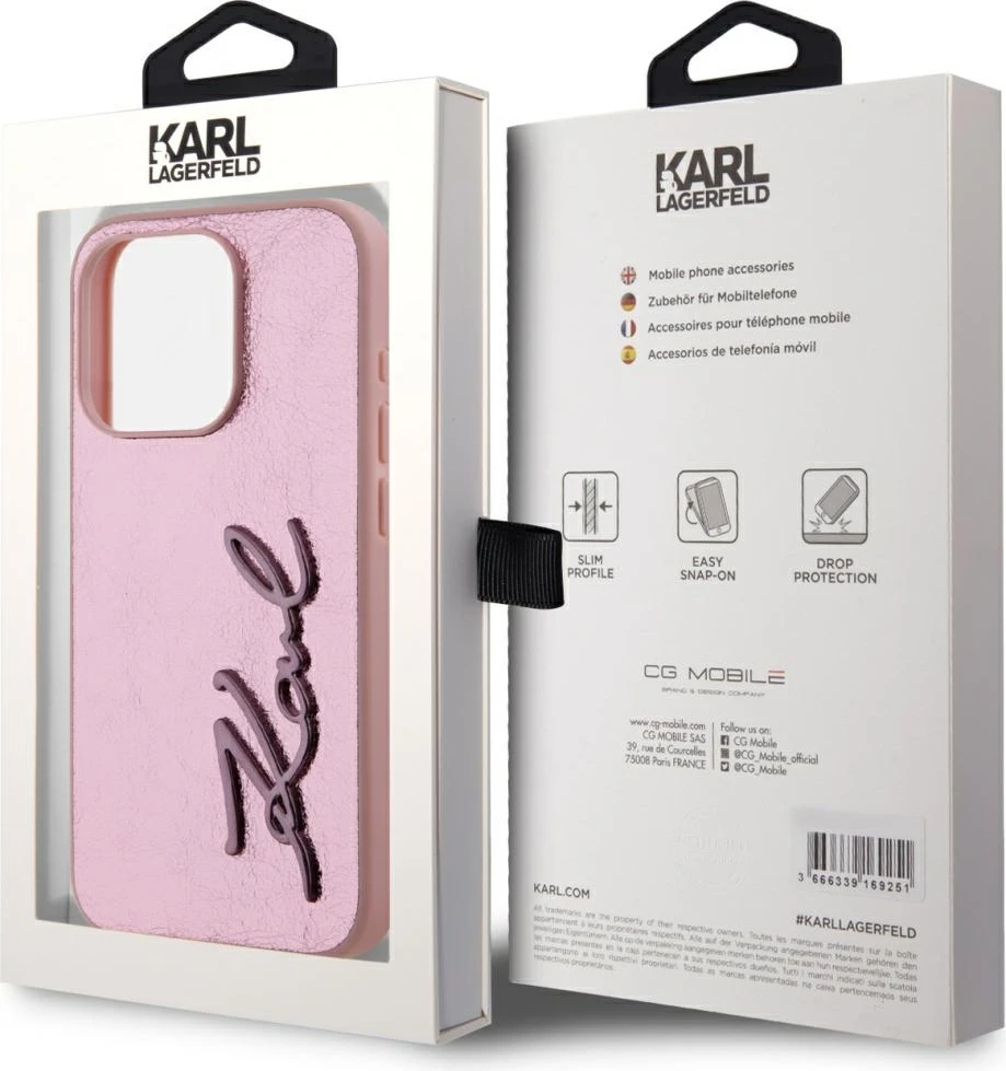 Mbështjellës Karl Lagerfeld Wrinkled Metal Signature për iPhone 15 Pro Max, Rozë