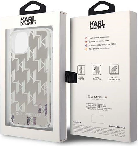 Mbështjellës Karl Lagerfeld KLHCP14SLMNMS për iPhone 14, hardcase, Liquid Glitter Monogram, argjendtë