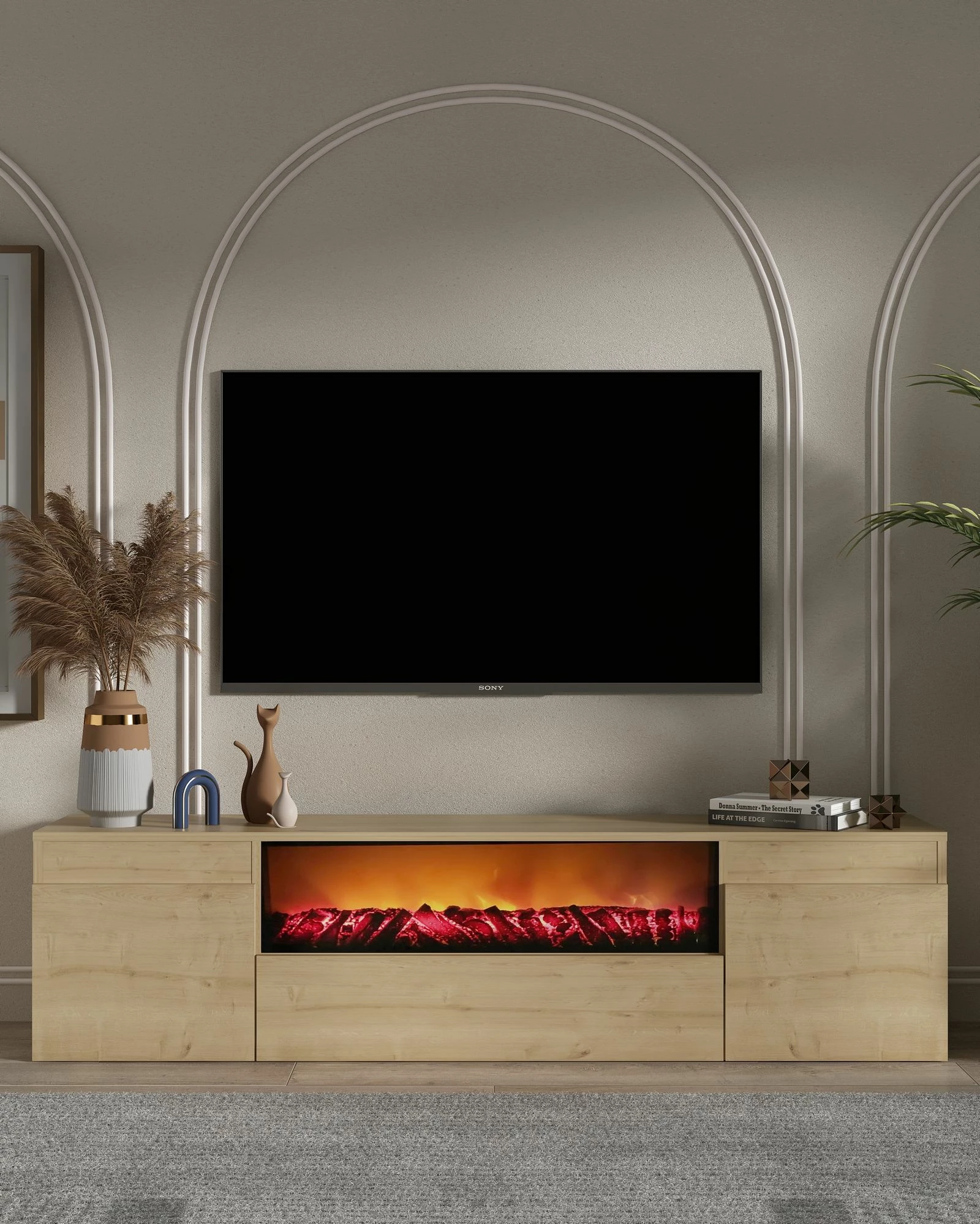 Komodë TV me oxhak dekorativ Elodi, ngjyrë lisi Sapphire Oak