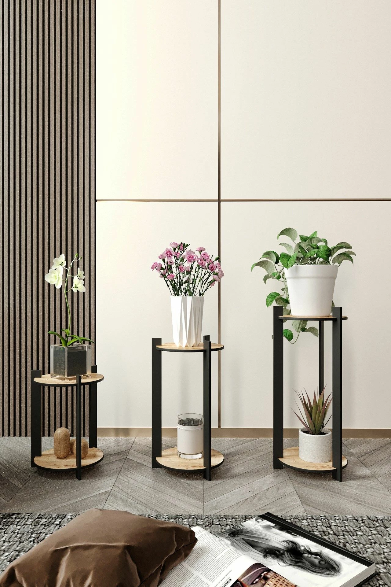 Set mbajtës lulesh prej druri, ngjyrë lisi, Hanah Home, i rrumbullakët