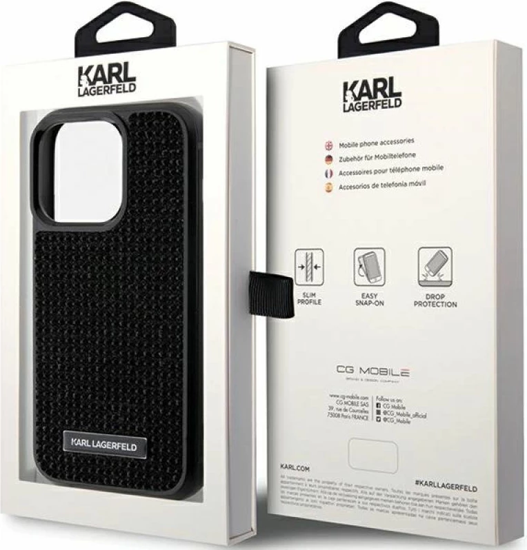 Mbrojtëse telefoni Karl Lagerfeld Rhinestone Logo Metal Plate për iPhone 15 Pro, e zezë