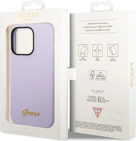 Mbështjellës Guess GUHCP14LSLSMU për iPhone 14 Pro 6.1", silikon, Vintage Gold Logo, vjollcë