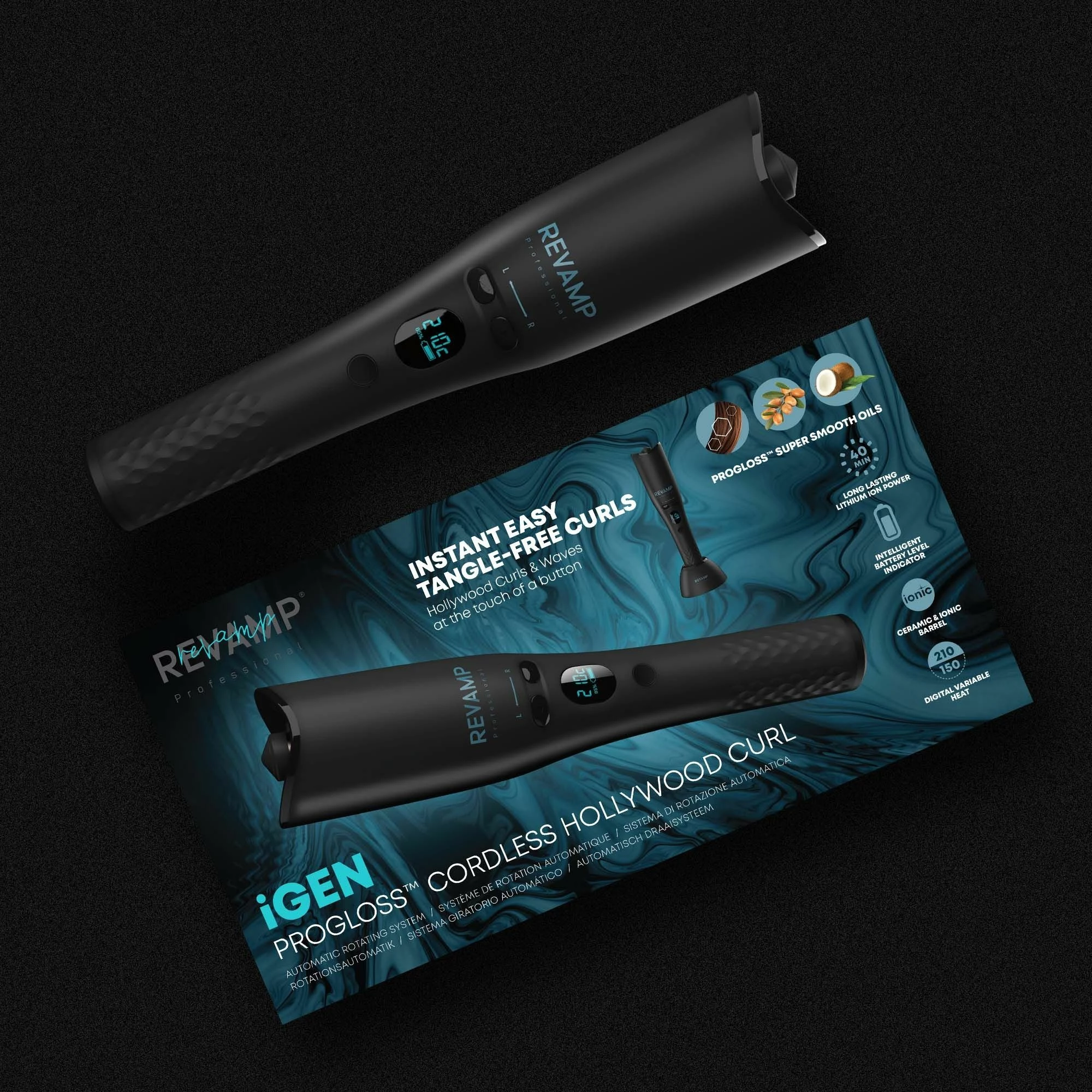 Pajisje automatike për kaçurrela Revamp iGEN Progloss Hollywood Curl CL-2750, pa kabllo, 19 mm, 150–210°C, e zezë, set me bazë karikimi