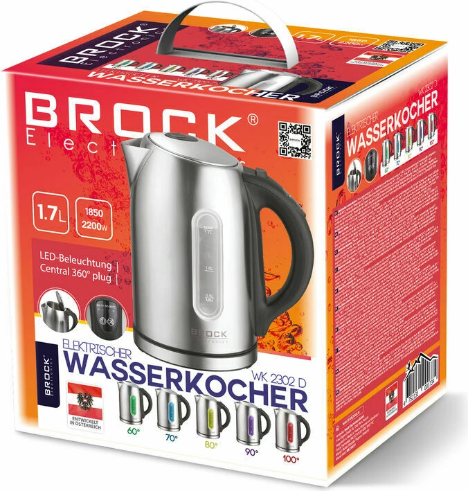 Çajnik elektrik Brock WK 2302 D, 1.7L, 2200W, inox, me zgjedhje temperature, me LED, zi/argjendtë