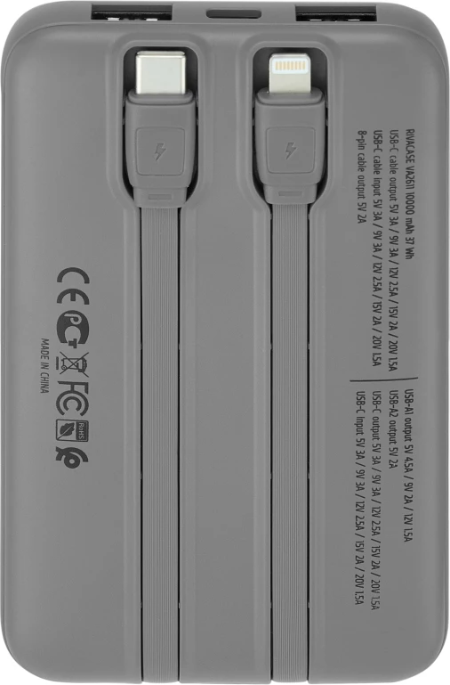 Power bank RIVACASE VA2611 10,000 mAh 30W, LCD, kabllo Type-C + Lightning, gri