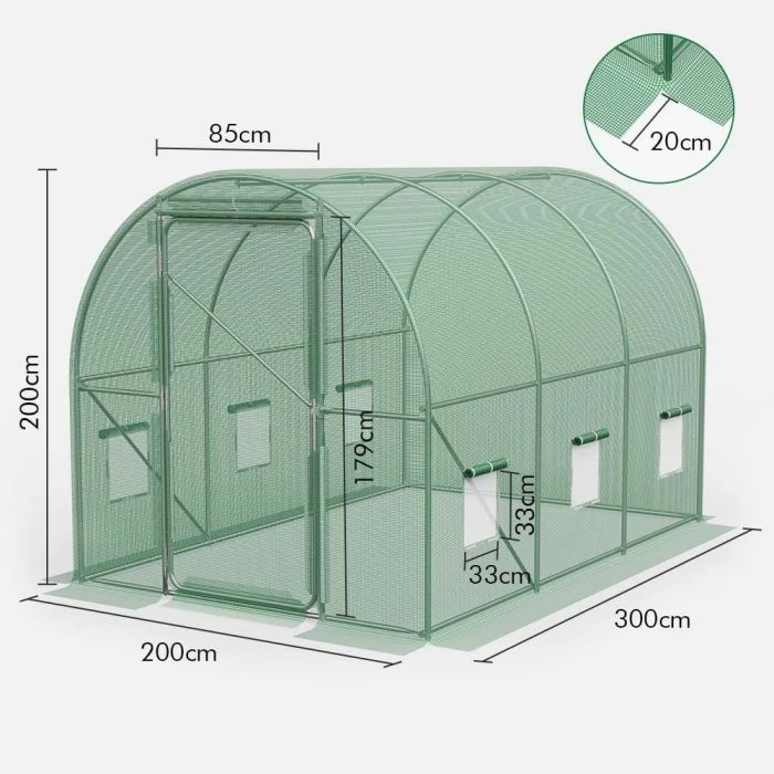 Serë tunel VONHAUS 2502067 200x200x300 cm, mbulesë PE 140 g/m², kornizë çelik i galvanizuar, set me 4 kunja + 4 litarë, e gjelbër