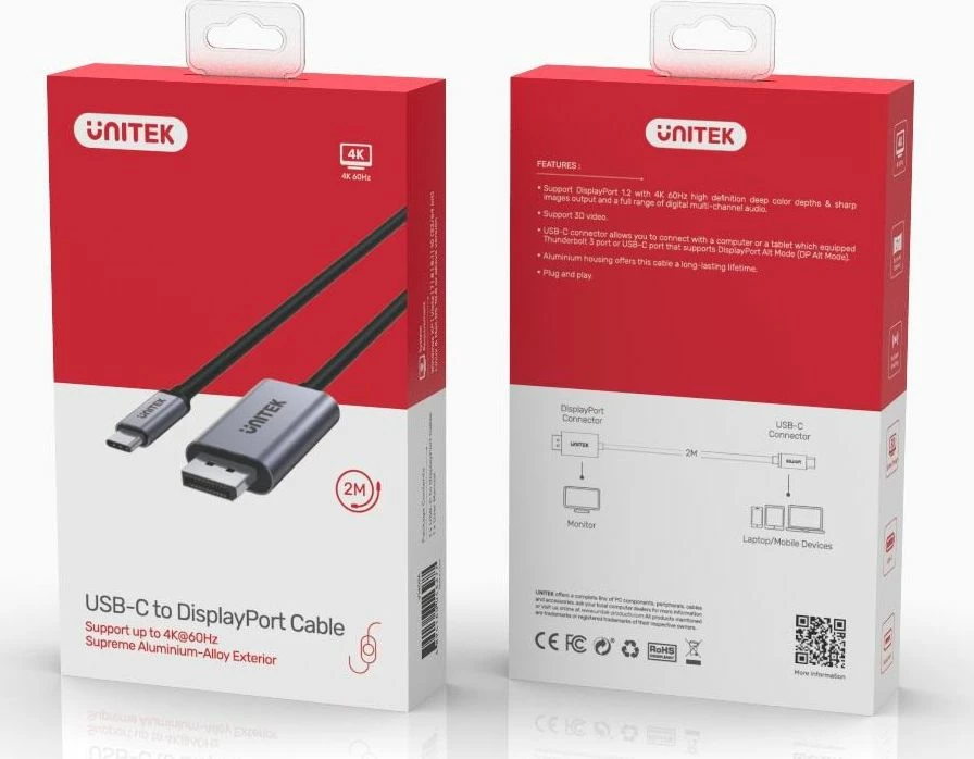 Adapter Unitek V1409A USB-C në DisplayPort 4K 60Hz, 2m, i zi