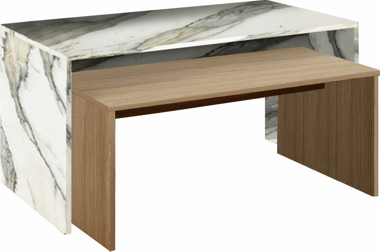 Tavolinë kafeje Tunusia, ngjyrë lisi artisan, e bardhë me model mermeri, 90x45x45