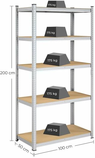 Raft metalik magazinimi 5-katësh SONGMICS GLR050E01 50 x 100 x 200 cm ngarkesë totale 600 kg, bezhë-argjendtë, 1 copë