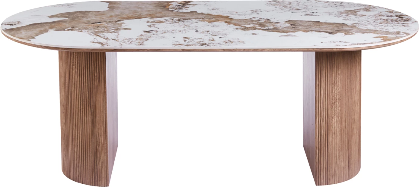 Tavolinë ngrënie ovale MARBLEX, sipërfaqe qeramike Pandora, këmbë MDF ngjyrë arre, 210x100x77cm