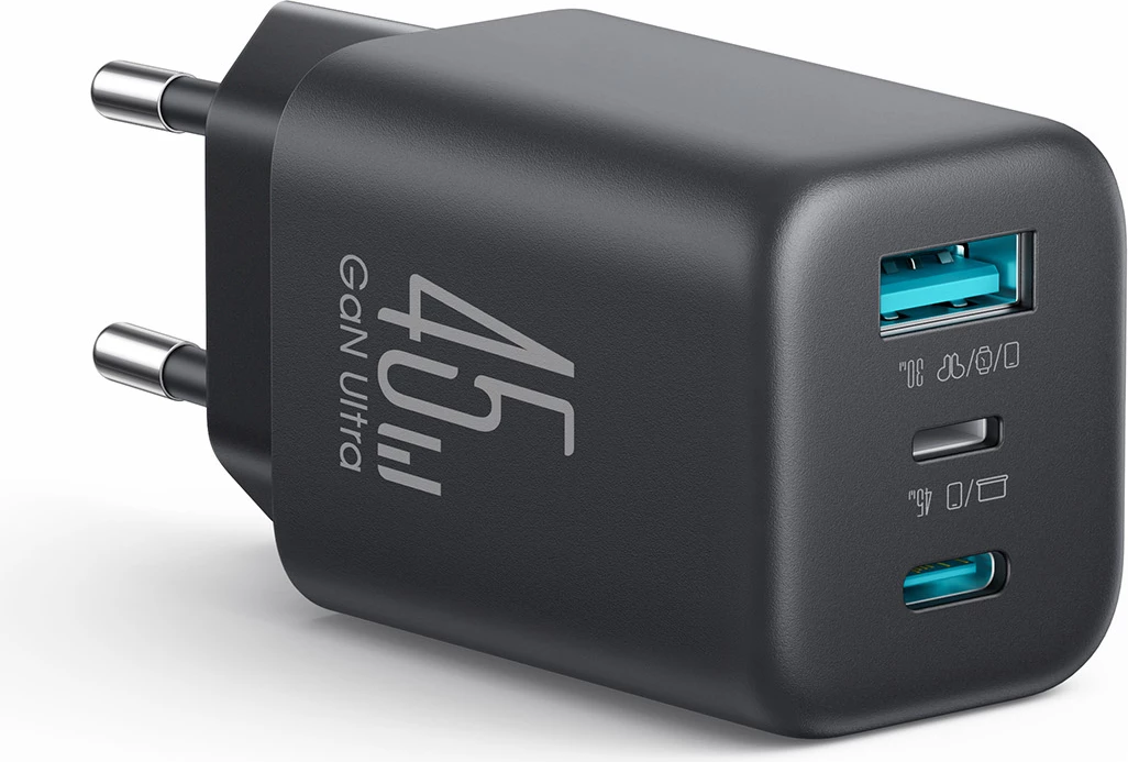 Karikues muri Joyroom JR-TO1 GaN 45W 3 porta (USB-C/Lightning/USB-A) prizë EU, i zi