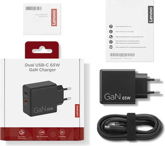 Karikues Lenovo Dual USB-C GaN 65W, me kabllo USB-C 1.5m, i zi