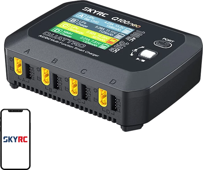 Karikues smart AC/DC multifunksional SkyRC Q100neo 4-kanalësh 100W/240W, i zi