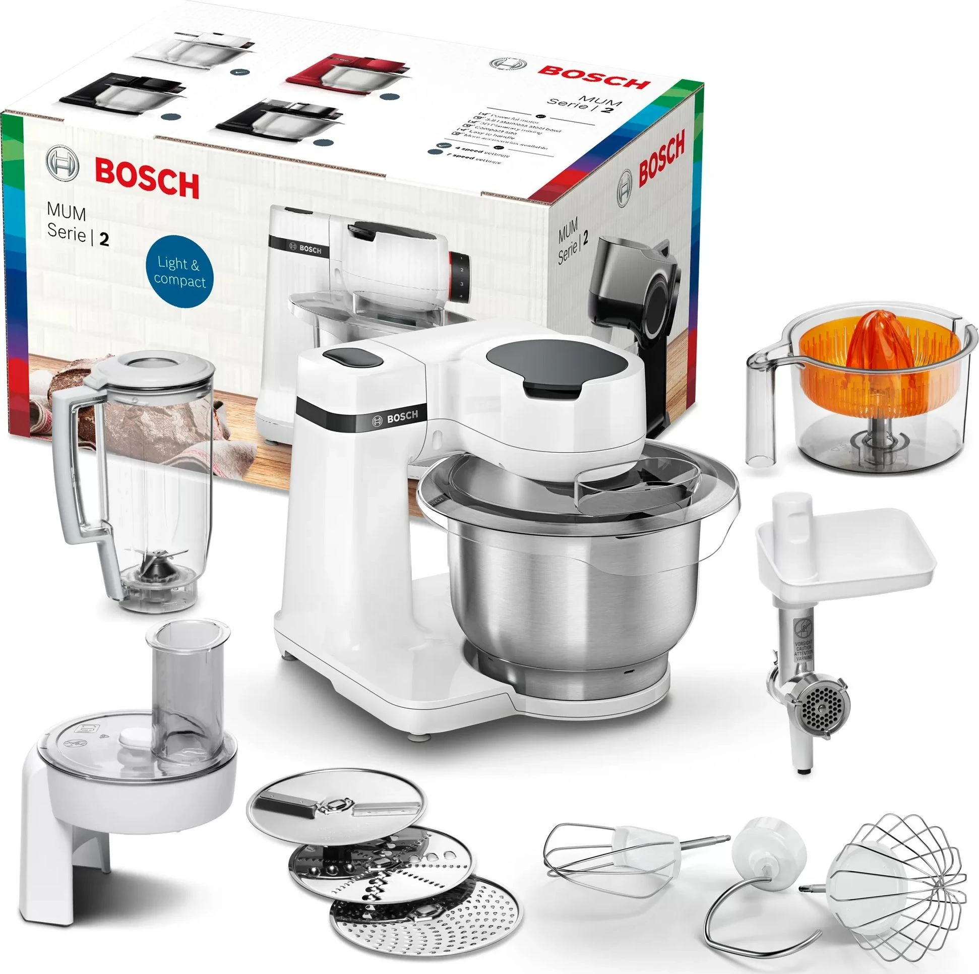 Robot planetar Bosch MUMS2EW40 700W enë 3.8L blender 1.25L mulli mishi shtrydhëse agrumesh, i bardhë