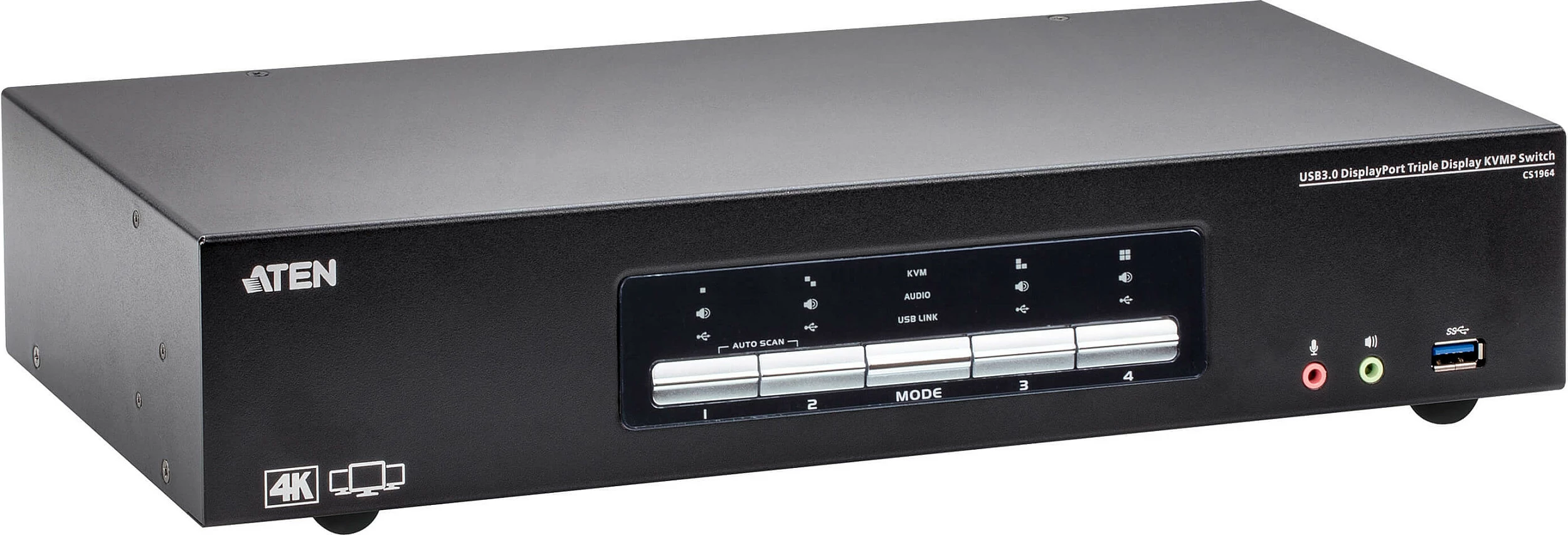 KVM Switch ATEN 4P USB 3.0, 4K DisplayPort Triple View, 4 kompjuterë, e zezë