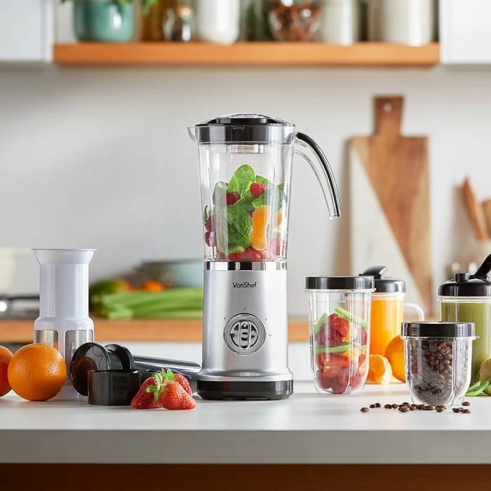 Blender multifunksional 4-në-1 VonShef 2013124, enë 1L + gota 500ml/300ml, argjendtë/zi, set