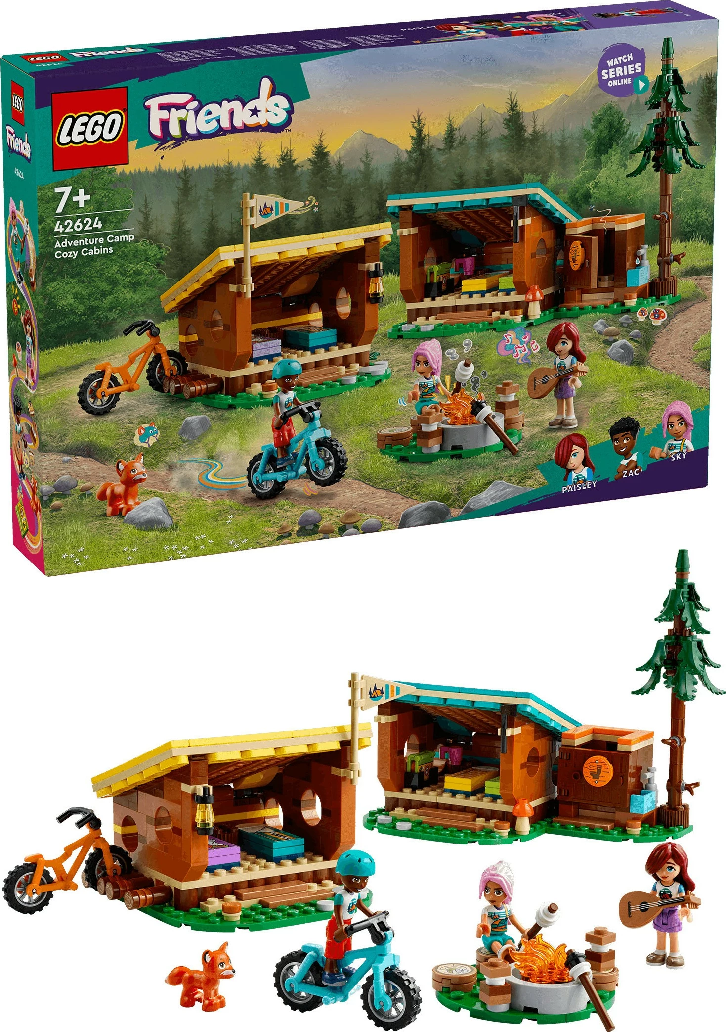 Set LEGO Friends 42624, kamp aventure, kabina të vogla, me figurina dhe biçikleta