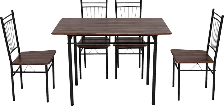 Tavolinë me karrige Roza, 5 copë, MDF ngjyrë arre, këmbë metalike të zeza, 110x60x75cm