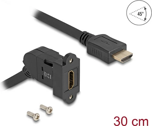 Adapter HDMI DeLOCK panel mount 45°, femër në mashkull, 30 cm, 8K 60Hz, i zi
