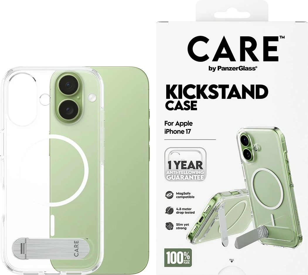 Mbështjellës PanzerGlass CARE Feature Case me kickstand për iPhone 17, transparent