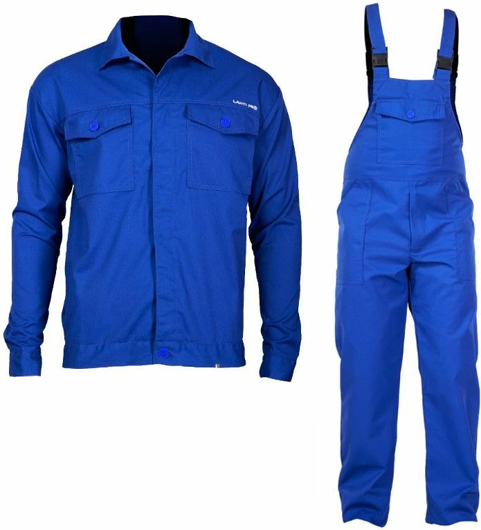 Set veshje saldimi Lahti Pro L4140723, madhësi L, antistatike, nivel mbrojtjeje B1, blu, set 2 copë (xhaketë + pantallona me pjesë gjoksi)
