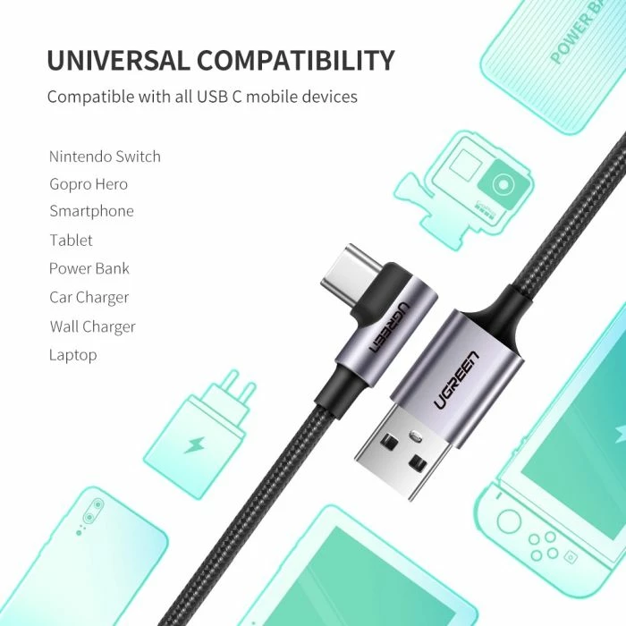Kabllo USB-A 2.0 në USB-C me kënd UGREEN 50941 1 m, QC 3A, Polybag, e zezë/gri