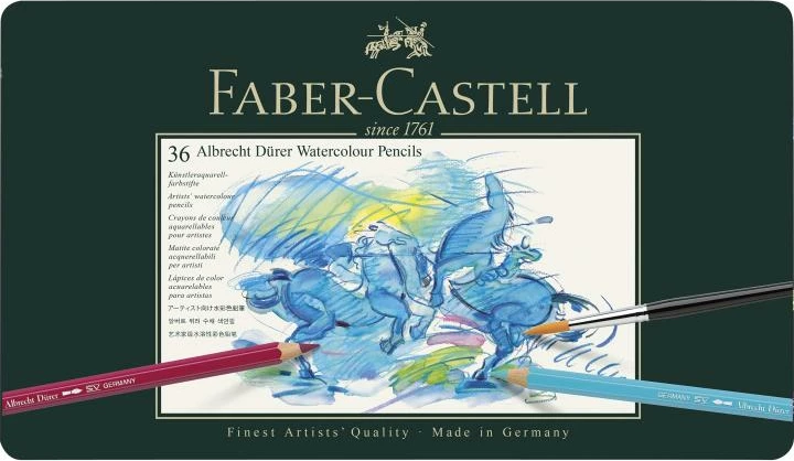 set lapsa ngjyrash akuarel Faber-Castell Albrecht Dürer FC-117536, 36 ngjyra, kuti metalike, verdhë/bardhë
