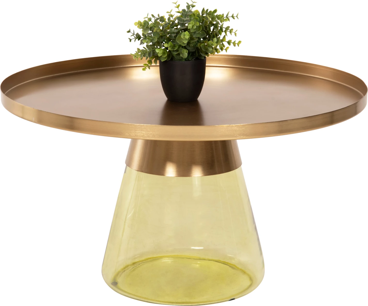 Tavolinë kafeje SCAL, bazë qelqi jeshile, majë metali në ar, Φ76x43.5H cm