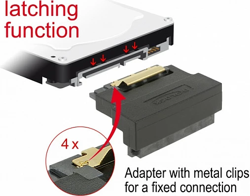 Adapter SATA 22-pin DeLOCK, 6 Gbit/s, kontakte të arta, këndor poshtë, i zi