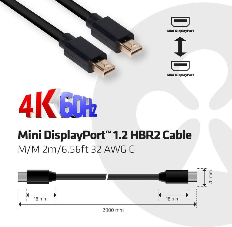 Kabllo Mini DisplayPort Club3D 2m, 4K60Hz, e zezë