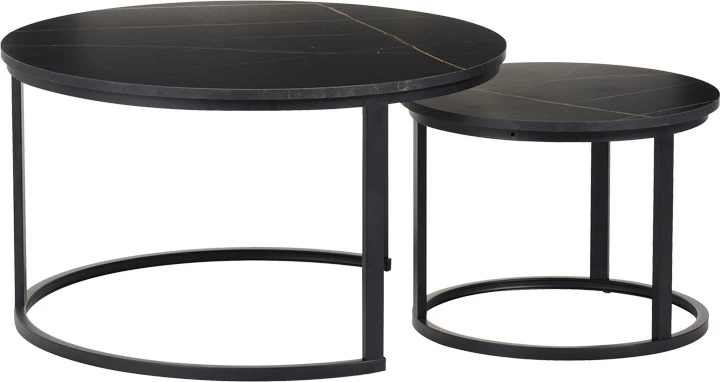 Set tavolinash kafeje Solme I, 2 copë, ngjyrë mermeri të zi, këmbë metalike të zeza