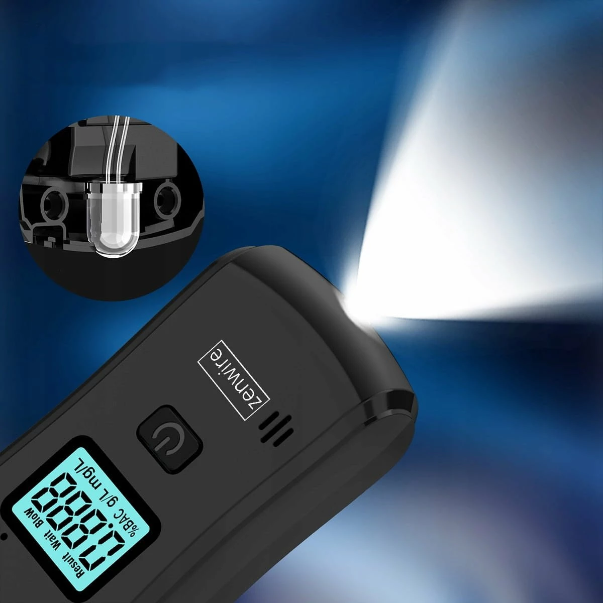 Alkotest digjital Zenwire MR806, 0.0–2.0‰, saktësi 0.01‰, me llambë dore, i zi, set 5 grykë