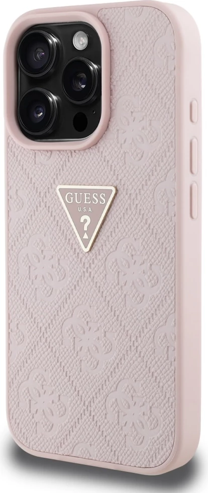 Mbështjellës Guess Hot Stamp 4G Pattern Triangle Metal Logo për iPhone 16 Pro Max, Rozë